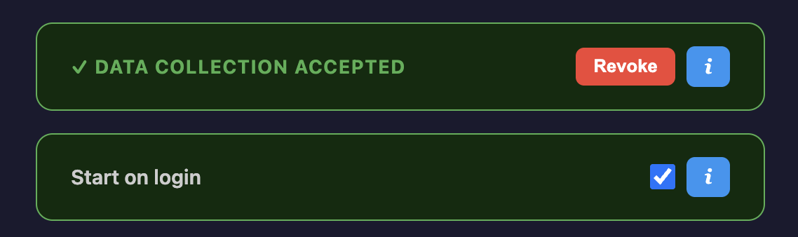 Dashboard showing DATA COLLECTION ACCEPTED with Revoke button