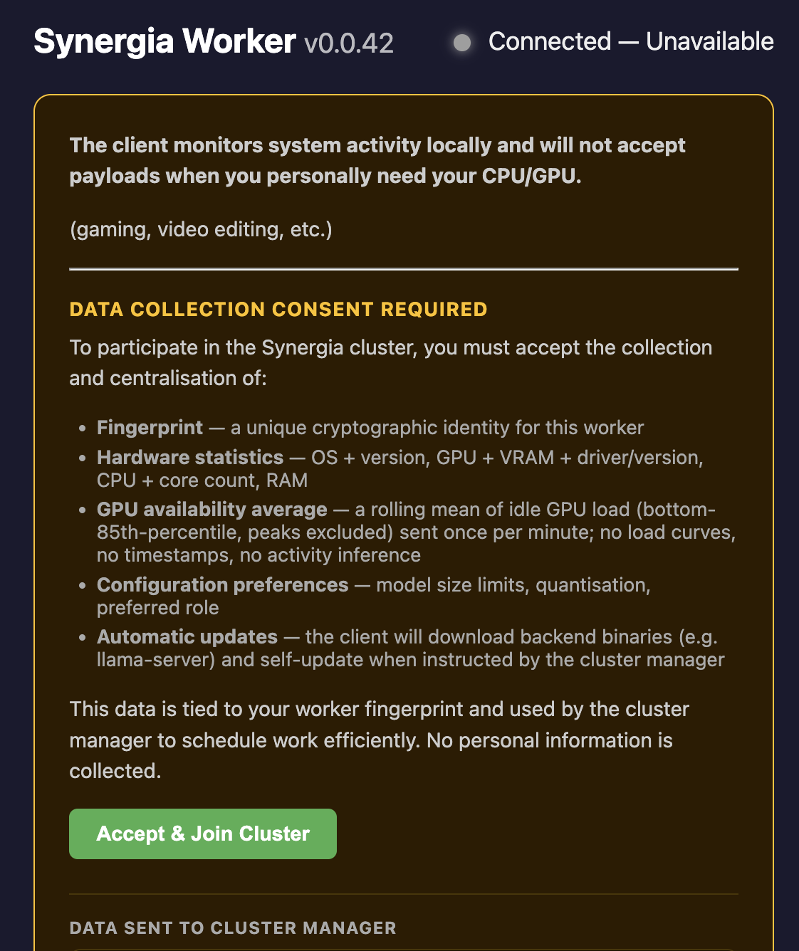 Consent screen showing DATA COLLECTION CONSENT REQUIRED and Accept & Join Cluster button