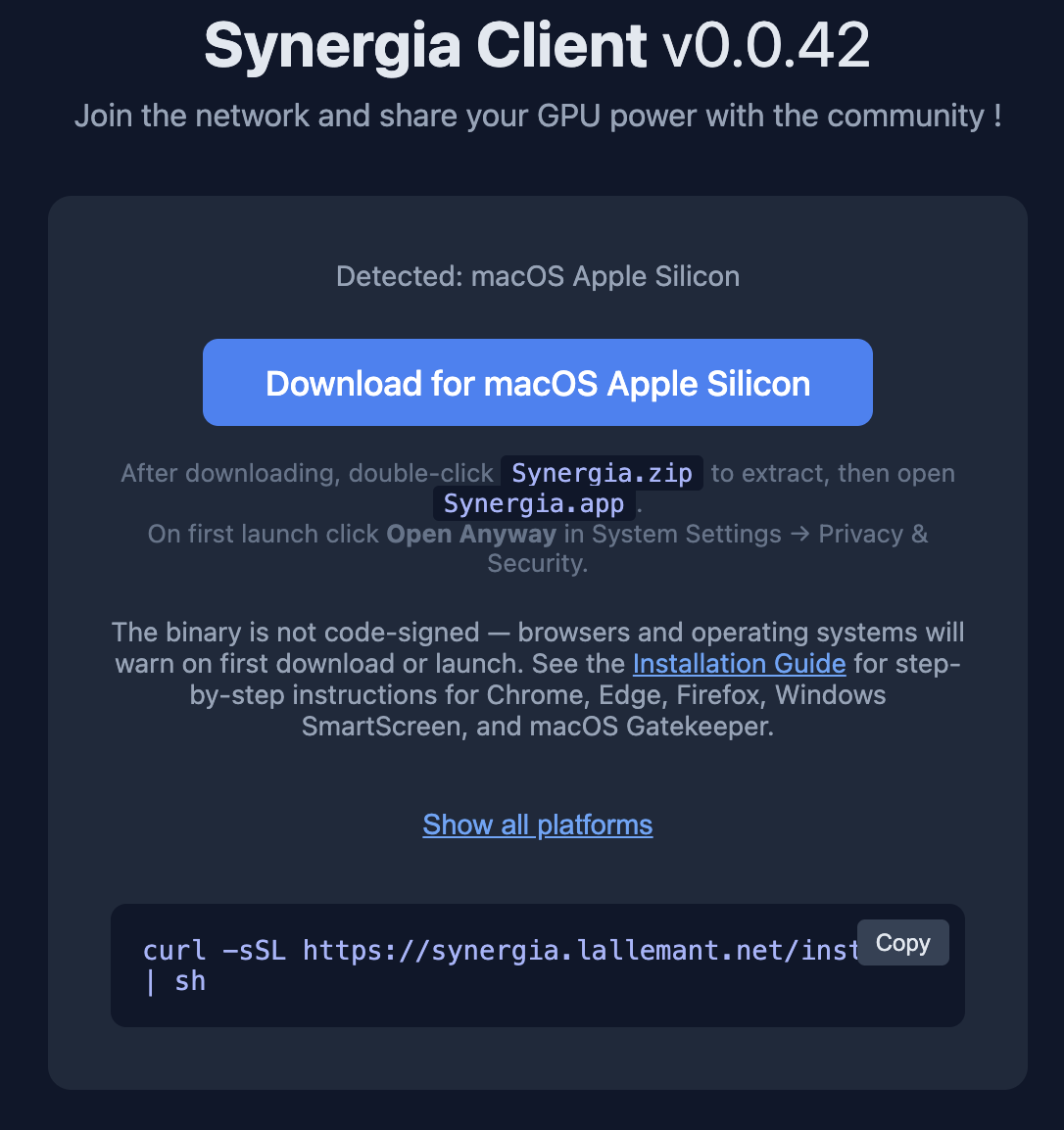 Synergia download page showing detected platform and download button