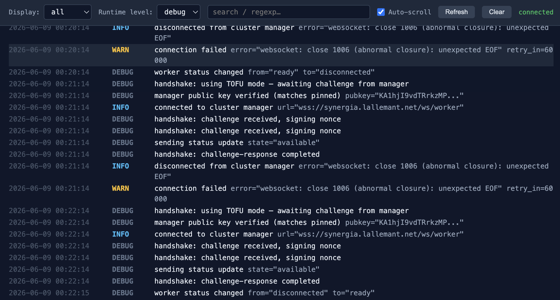 Log viewer showing live client log stream with level filter and search bar