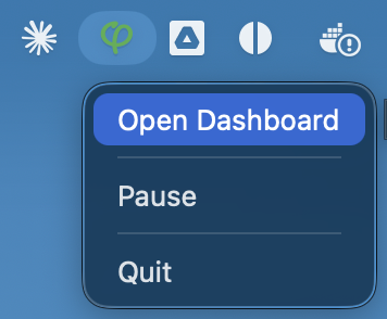 Synergia tray icon menu showing Open Dashboard, Pause, and Quit