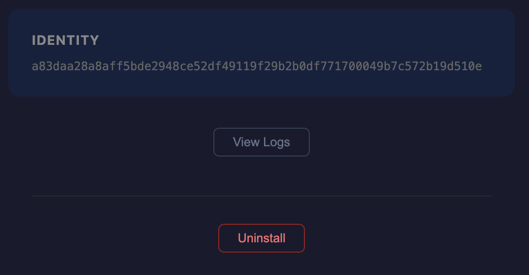 Dashboard bottom section showing Identity fingerprint, View Logs button, and red Uninstall button